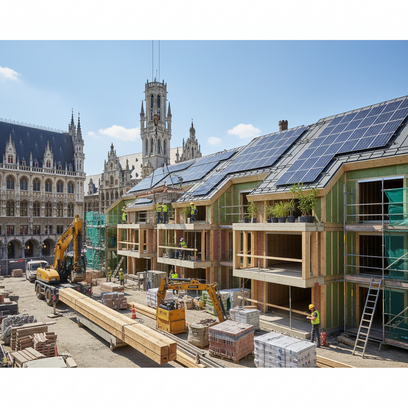 Bouwplaats in Leuven met duurzame bouwmaterialen en zonnepanelen op nieuwbouwproject