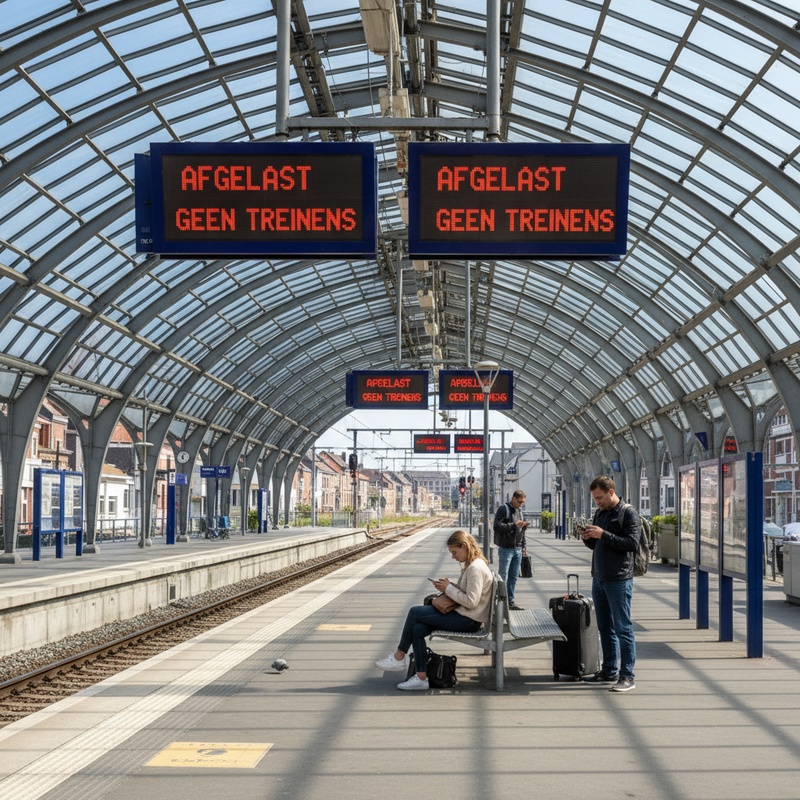 Leeg perron op station Leuven met digitale borden die geannuleerde treinen tonen tijdens de spoorstaking