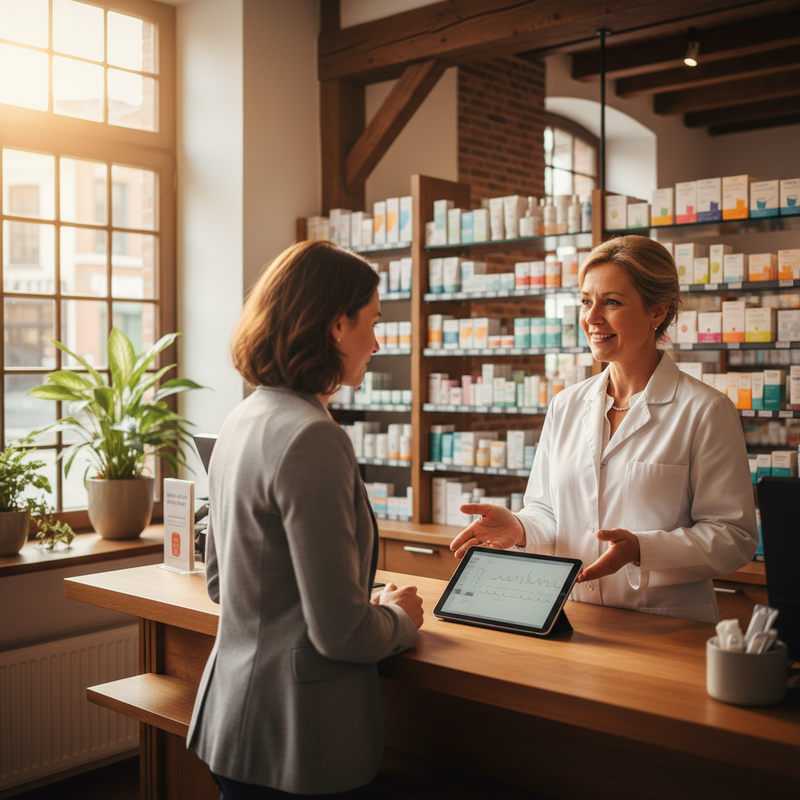 Apotheker in gesprek met patiënt in lokale apotheek in Vlaams-Brabant