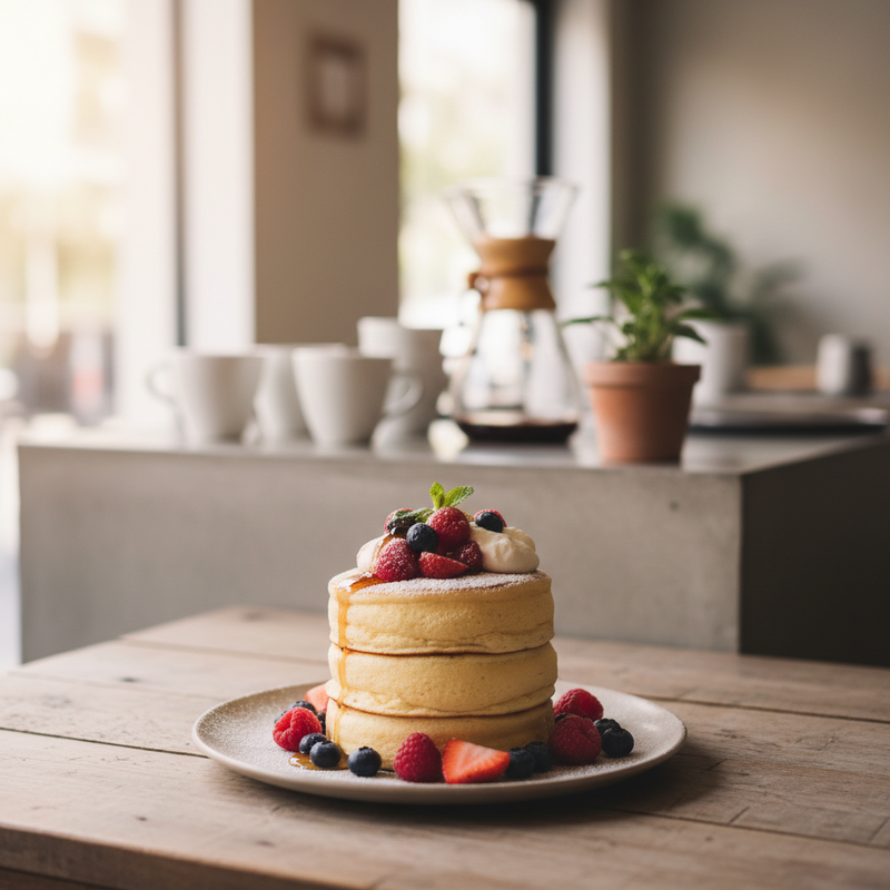 Een stapel Japanse fluffy pancakes met vers fruit en room op een houten tafel in een modern café