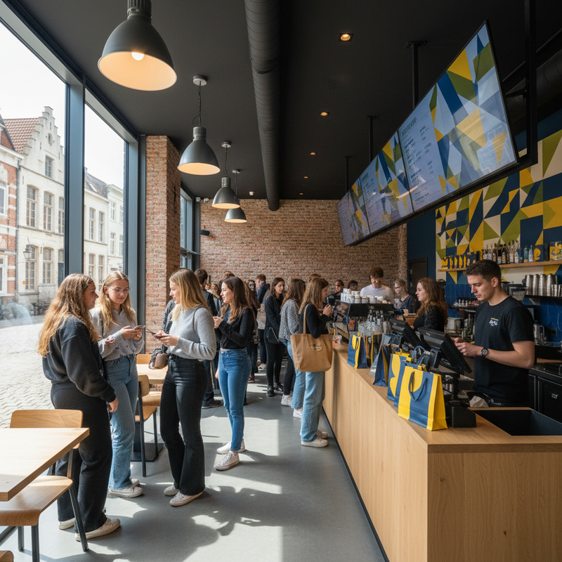Studenten staan in de rij bij een moderne foodcounter in Leuven, symbool voor groeiende private investeringen in start-ups
