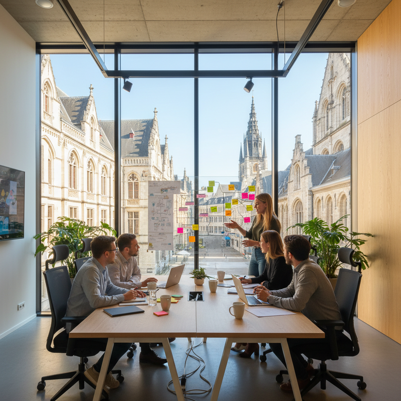 Ondernemers werken samen in modern startup kantoor in Leuven met universiteitsgebouwen op achtergrond