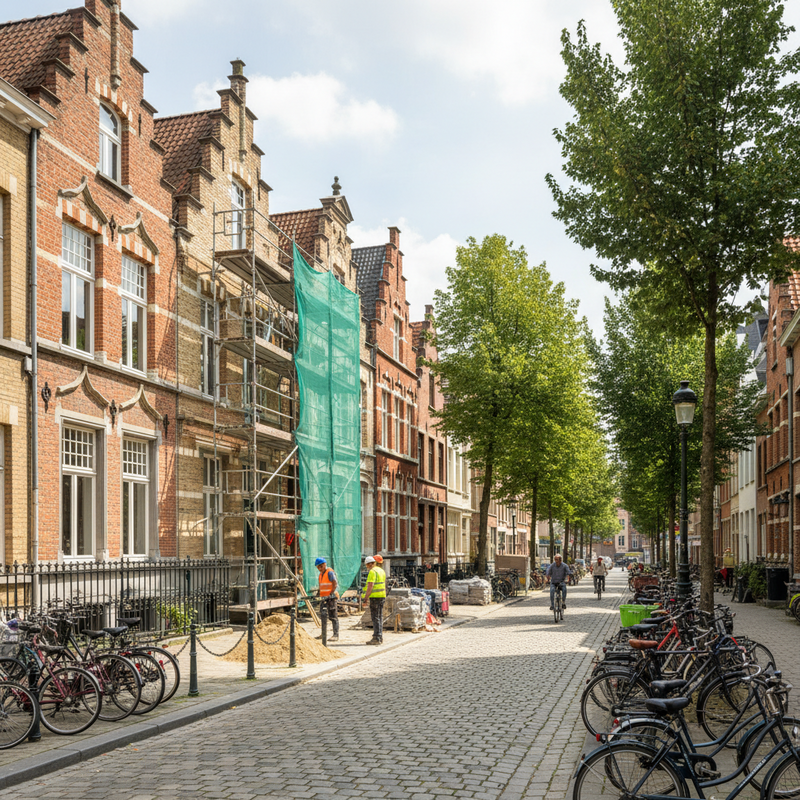 Renovatie van Leuvense rijtjeshuizen met steigers en bouwvakkers in woonwijk