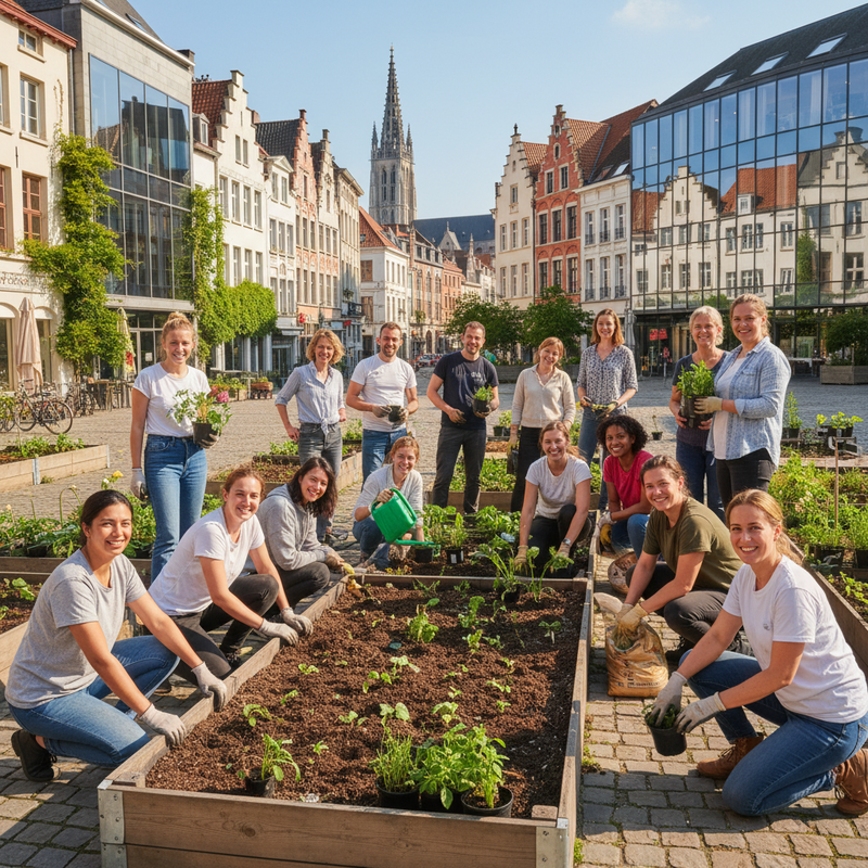 Groep diverse vrijwilligers plant samen stadstuin op Leuvens plein met moderne architectuur op achtergrond