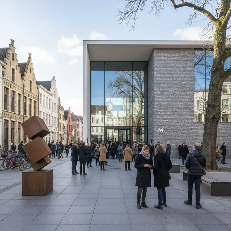 Gevel van museum M Leuven met bezoekers die naar binnen gaan voor een tentoonstelling