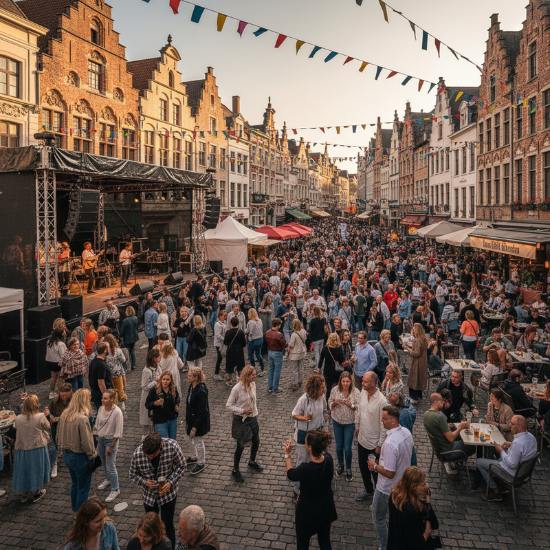 Druk straatfestival in Leuven met bezoekers, muziek en terrasjes op historisch plein