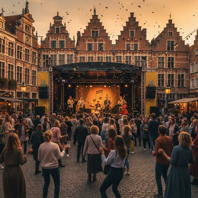 Jazz muzikanten op podium tijdens festival in historisch stadscentrum met publiek en Vlaamse architectuur op achtergrond