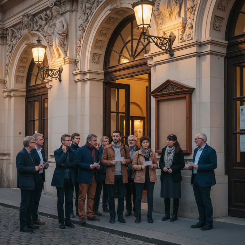 Een kleine groep mensen staat in de warme gloed van de avond bij de ingang van een oud concertgebouw. Sommigen houden onopvallend kaarten vast, als een teken van collectieve steun en empathie voor een geliefde culturele stem.