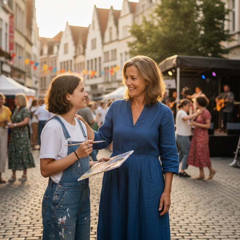 Een foto in redactionele stijl van een glimlachende vrouw te midden van een levendig cultureel evenement in Leuven, met op de achtergrond wazige festivalgangers en historische gebouwen. Ze symboliseert de passie en verbinding in de lokale kunstscene.