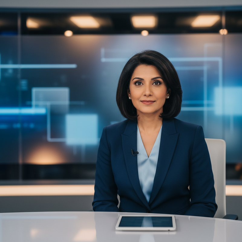 Een vrouwelijke nieuwsanker zit aan een moderne desk in een televisiestudio. Ze kijkt geconcentreerd in de camera, omringd door zachte studioverlichting en vage nieuwsgraphics op de achtergrond. Haar uitstraling is professioneel en kalm.
