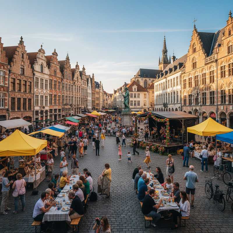Levendig stadsbeeld van Leuven met mensen die deelnemen aan een cultureel evenement tussen historische gebouwen