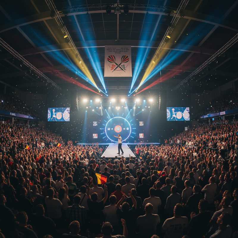 Dartsspeler gooit pijl naar dartboard op verlicht podium tijdens professioneel dartstoernooi met publiek