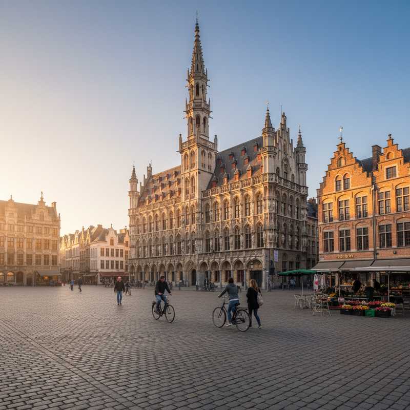 Overzicht van het historische stadscentrum van Leuven met het stadhuis op de Grote Markt tijdens een rustige ochtend