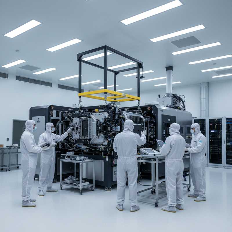 Grote geavanceerde chipproductiemachine in een moderne cleanroom bij imec Leuven met ingenieurs in beschermende kleding