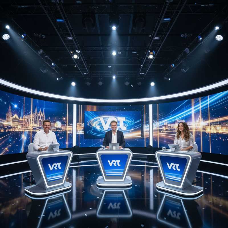 Quizshow studiodecor met drie kandidaten achter podia in VRT televisiestudio