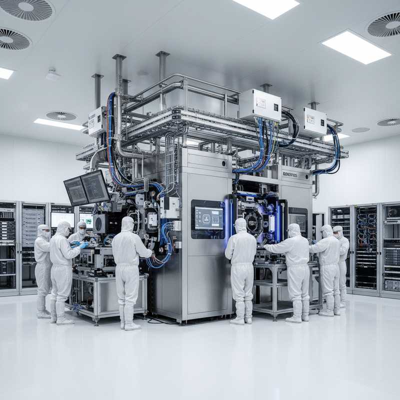 Geavanceerde chipmachine in stofvrije cleanroom met ingenieurs in beschermende kleding bij imec Leuven