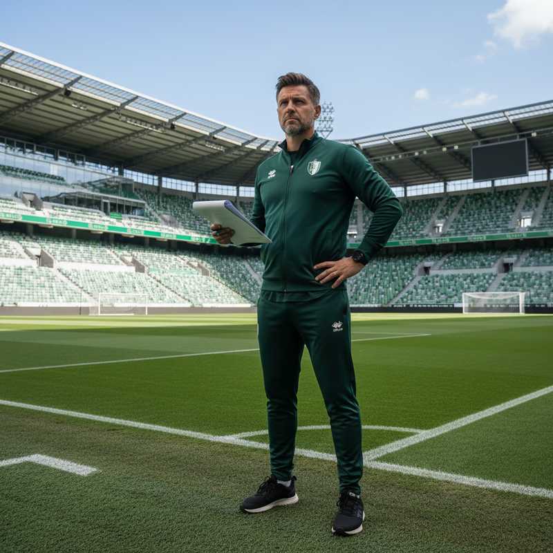 Voetbaltrainer met klembord op de zijlijn van een voetbalstadion tijdens training