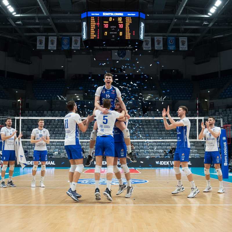 Volleybalspelers van Volley Haasrode Leuven juichen na het winnen van een set tijdens de wedstrijd tegen Simplex SSS
