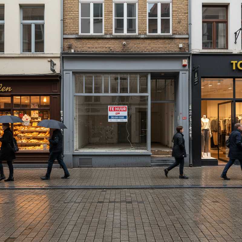 Leegstaand winkelpand met Te Huur bord in Belgische winkelstraat