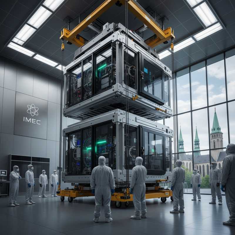 Grote geavanceerde chipmachine wordt geïnstalleerd in moderne productiehal met technici in beschermende kleding