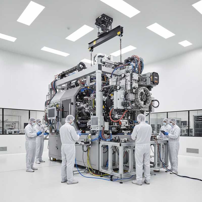 Grote geavanceerde chipmachine in moderne productiehal met technici in cleanroom pakken