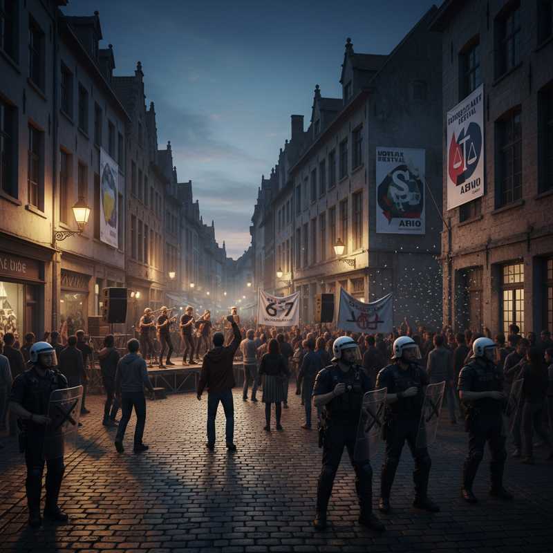 Leuvense straat met politie en betogers bij avondschemering, met culturele eventposters op de achtergrond