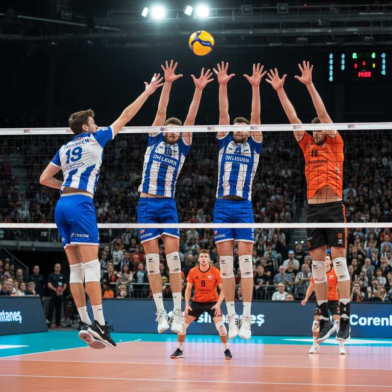 Volleybalspelers in actie tijdens een wedstrijd in een sporthal met toeschouwers