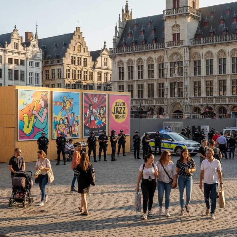 Leuven stadscentrum met politie en jazzfestival posters die contrast tussen veiligheid en gemeenschapsleven tonen