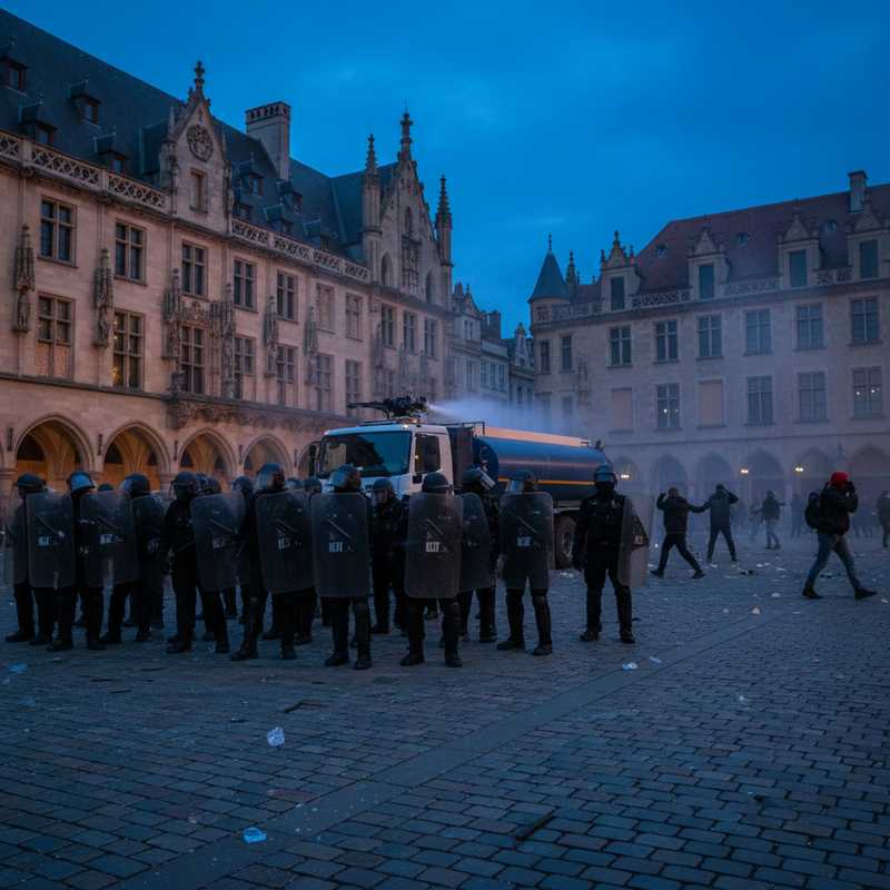 Oproerpolitie met schilden en waterkanon in actie tijdens rellen in historisch stadscentrum