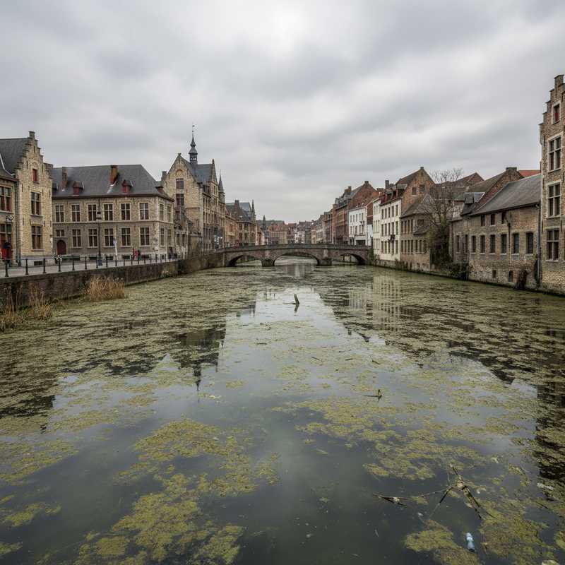 Vervuild waterkanaal in Leuven met groene algen en troebel water, symboliserend de waterkwaliteitsproblemen in de stad