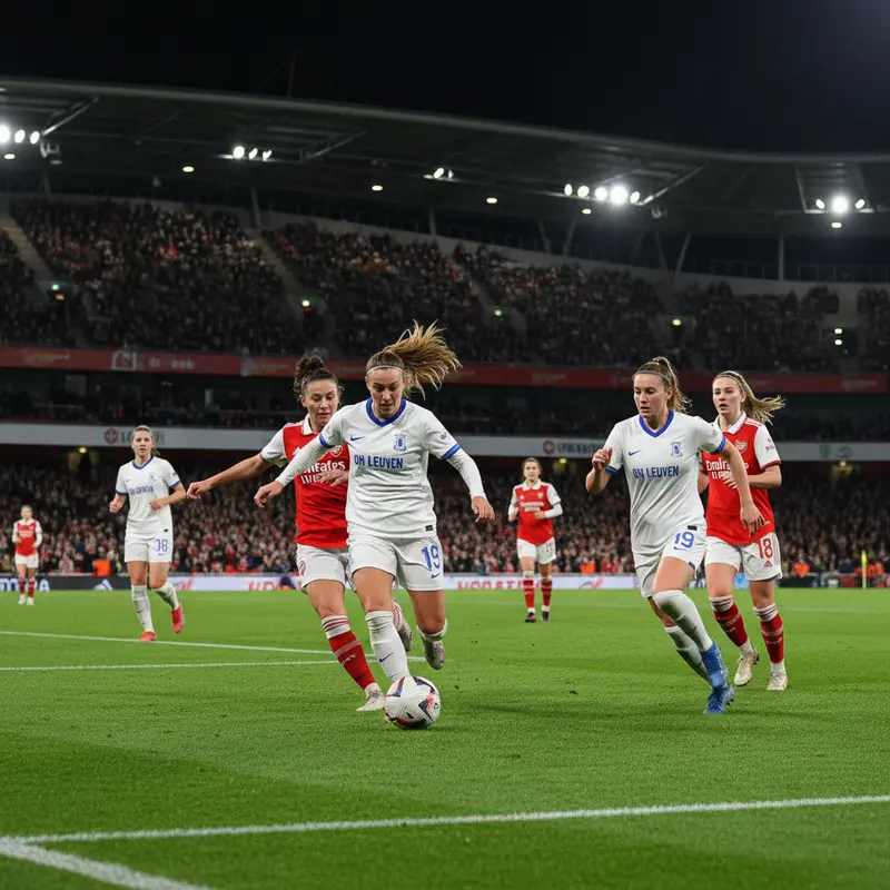 Voetbalsters van OH Leuven Ladies in wit-blauwe tenues tijdens UEFA Women's Champions League wedstrijd tegen Arsenal