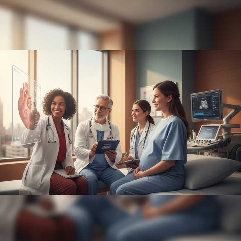 Zwangere vrouw in gesprek met medisch team bestaande uit cardioloog en gynaecoloog in ziekenhuisomgeving