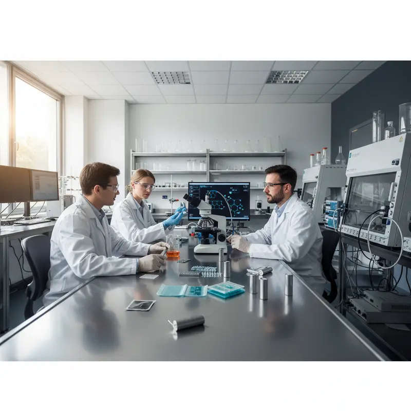 Wetenschappers in laboratorium onderzoeken batterijcomponenten en membraantechnologie aan werkbank met microscopen