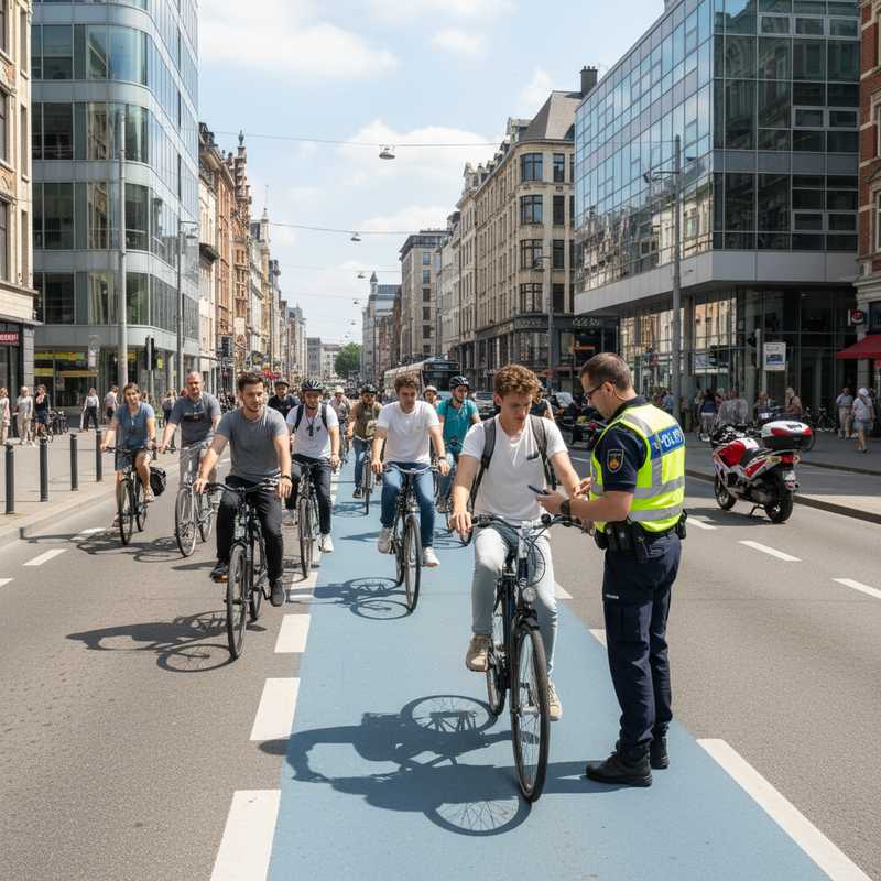 Belgische politieagent controleert fietsers op drukke straat in Leuven