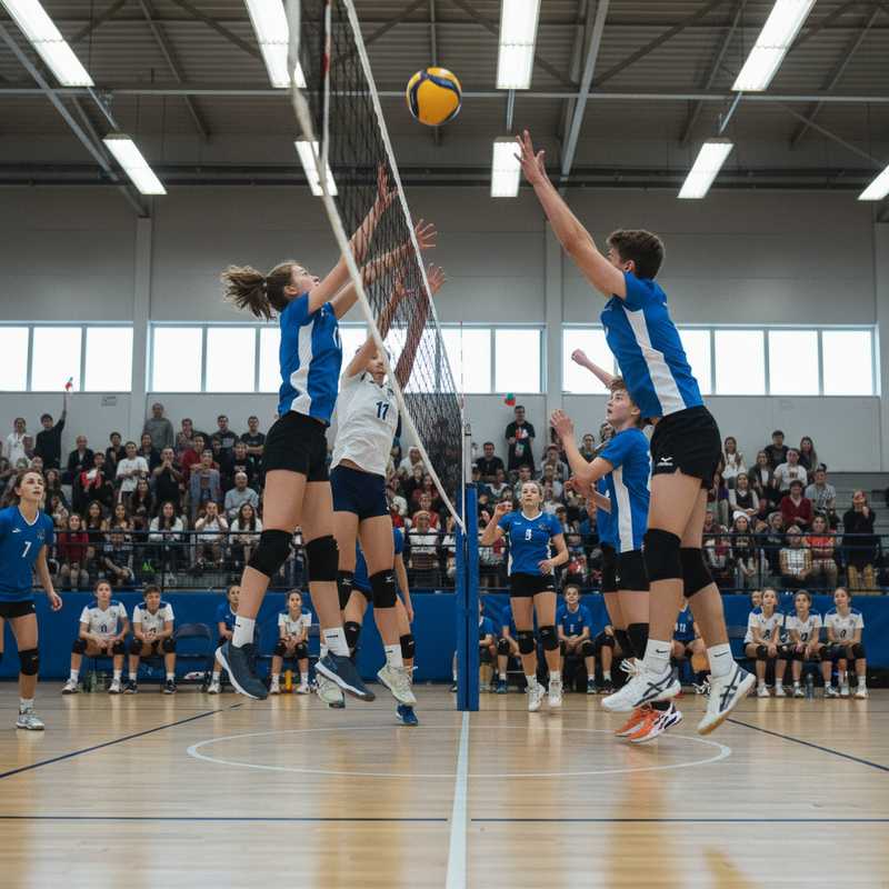 Jonge volleybalspelers springen bij het net tijdens een indoor wedstrijd in een sporthal
