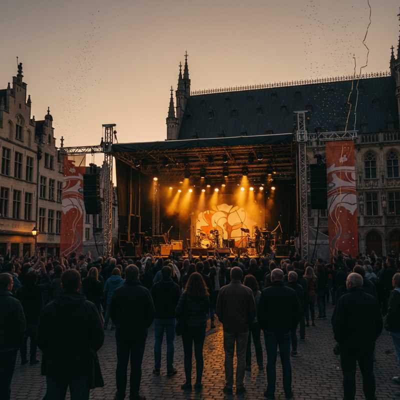 Festival podium met sfeerverlichting en publiek in afwachting van een concert tijdens het Leuven Jazz Festival