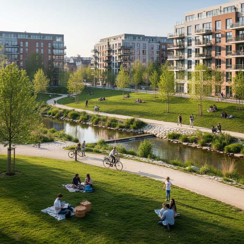 Mensen wandelen en ontspannen in het nieuw geopende Hertogenpark in Leuven met groene grasvelden, bomen en de Dijle op de achtergrond