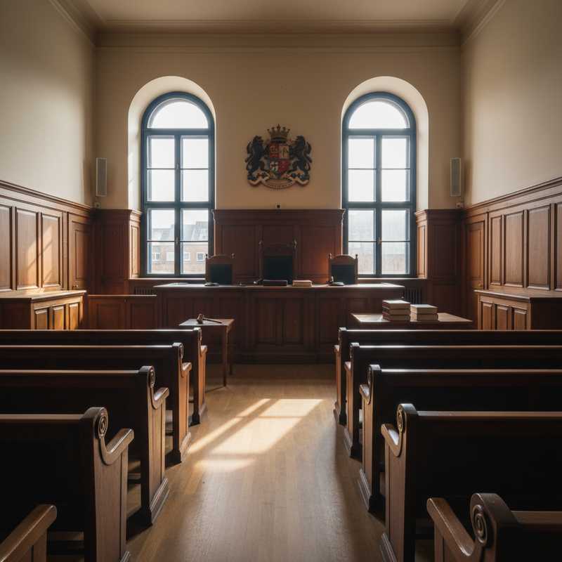 Lege rechtszaal met houten banken en rechtersstoel, symboliseert juridisch proces en rechtvaardigheid