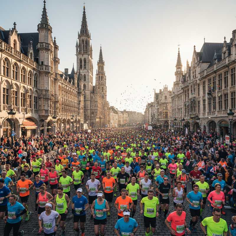 Marathonlopers rennen door het historische centrum van Leuven tijdens het debuutevenement