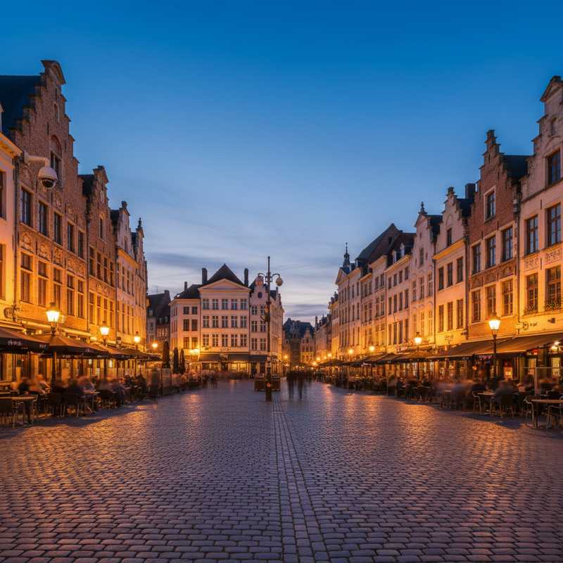 Overzicht van de Oude Markt in Leuven met terrassen en historische gebouwen bij avondlicht