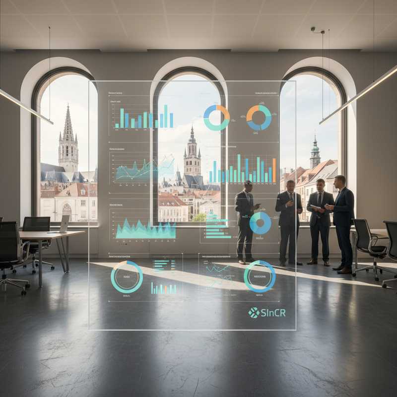Dashboard met economische grafieken en data-visualisaties in een modern kantoor met zicht op Leuven