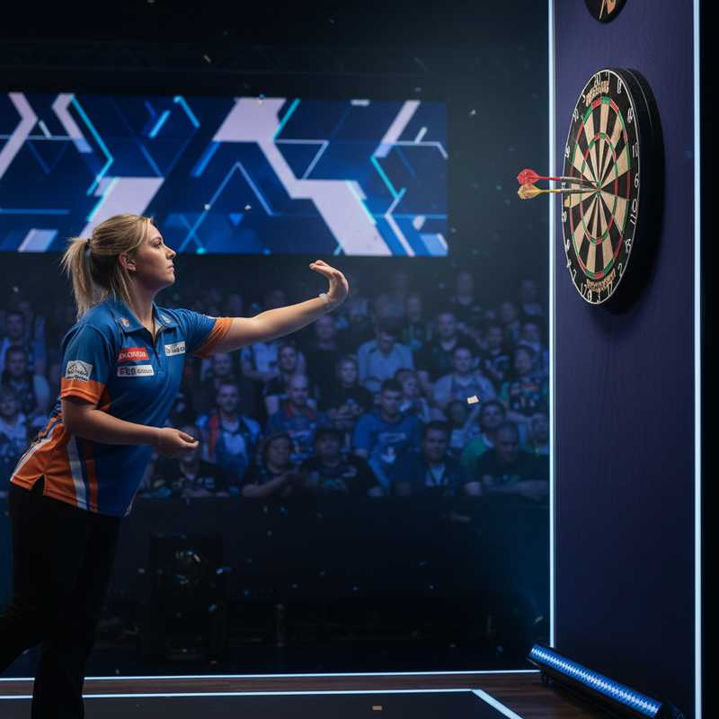 Professionele dartsspeler aan de oche tijdens een toernooi met dartbord op de achtergrond