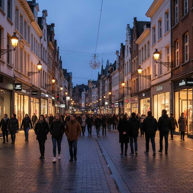 Drukke Diestsestraat in het centrum van Leuven met winkelende voetgangers en straatverlichting