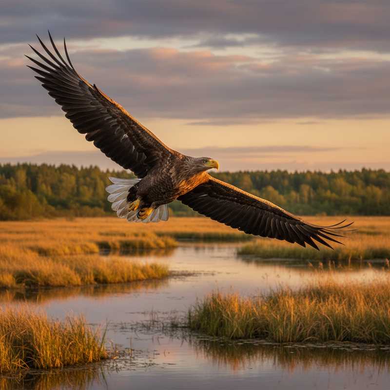 Witstaartarend in volle vlucht boven een natuurmeer met karakteristieke witte staart en gele snavel