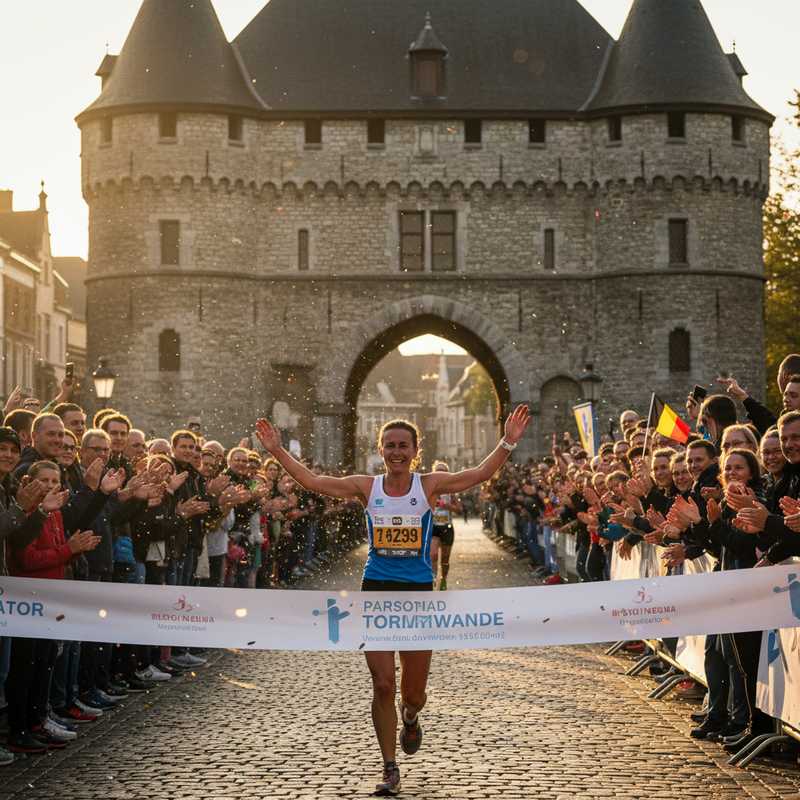 Uitgeputte vrouwelijke marathonloper wordt door grote groep supporters toegejuicht bij finishlijn Leuven Marathon