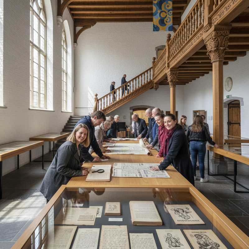 Interieur van het vernieuwde stadhuis van Lokeren met bezoekers bij archieftentoonstelling