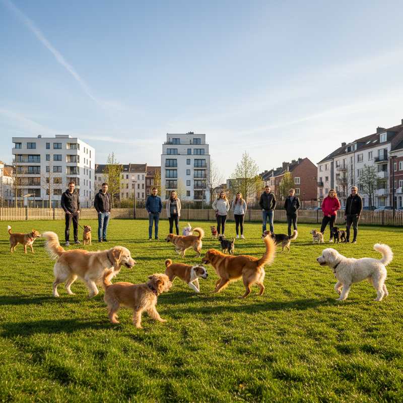 Meerdere honden spelen samen in een nieuwe hondenlosloopzone in Leuven terwijl baasjes toekijken