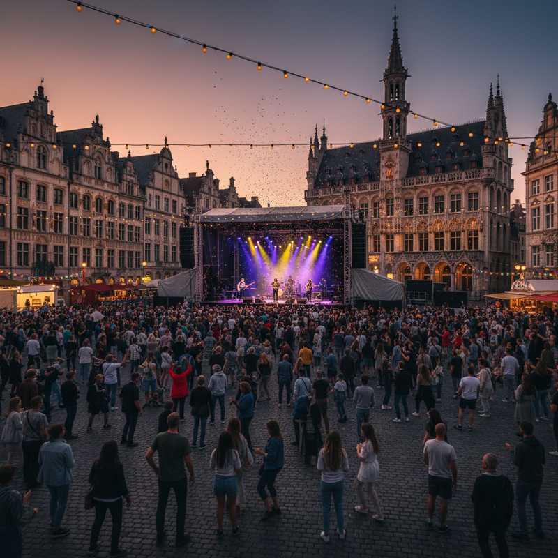 Publiek geniet van buitenfestival met muziekpodium in historisch Leuven stadscentrum
