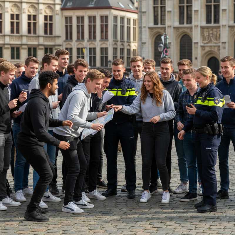 Groep studenten en politieagenten nemen deel aan teambuilding activiteit Hunter Games in Leuven