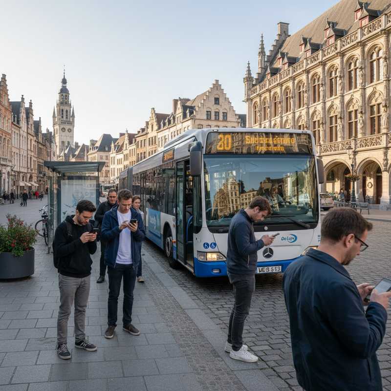 De Lijn bus stopt bij halte in Leuven met wachtende passagiers